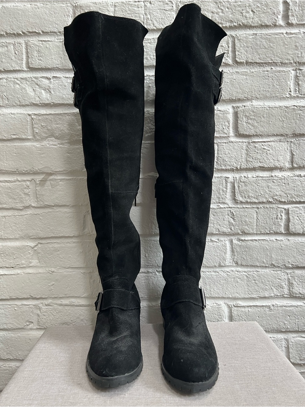 SOLE SOCIETY Black Suede Over the Knee Boots with Low heel Lug sole Buckles - Picture 3 of 16